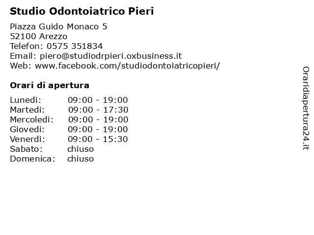 Orari di apertura Studio Odontoiatrico Pieri Piazza Guido